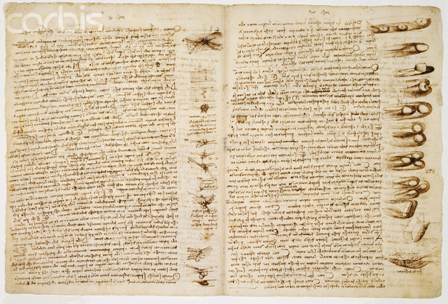 Sheet 13B: Leonardo here lists water flow topics and problems to explore. Some are experiments to perform, and some are his conclusions on water currents. He discusses the use of harmonic time to calculate water speed and explores ways to protect riverbanks from erosion. 13v SYNOPSIS: Leonardo continues his interest in controlling the flow of rivers, and he gives indications here that his observations involve more than just watching a river from a boat. In one passage he proposes an accurate method of gauging the speed of a current. In his time there was no concept of a second hand or a stopwatch. To measure a short-term event, such as the passage of an object bobbing in a swift current, one normally counted by the beats of one's own pulse. Leonardo, an accomplished musician, decided that the beat of musical measure would be more regular and defines it on page --- Image by © Seth Joel/CORBIS