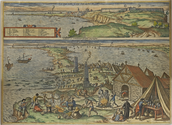 Vista de Cádiz, con representación en primer término de una almadraba, en la Obra "Civitates Orbis Terrarum(1564-1578)" Número de control de la cartoteca: IECA1988024872. Fuente: Junta de Andalucía