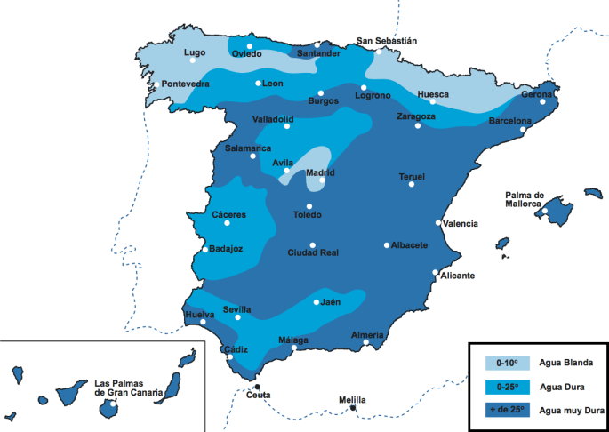 Mapa de la dureza del agua en España. Copyright: blog.axonup.com