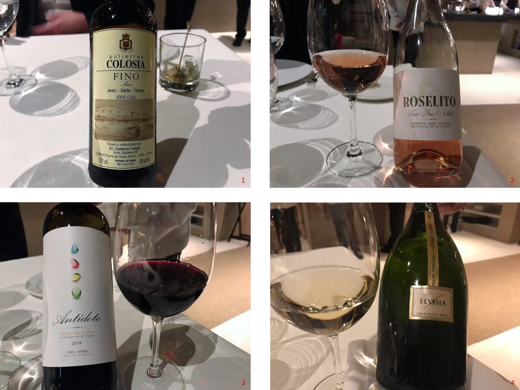 [1] Fino, Bodegas Gutierre Colosia (D.O. Jerez-Xérèz-Sherry. [2] Roselito 2017, Bodegas Antídoto (D.O. Ribera del Duero). [3] Antídoto 2016, Bodegas Antídoto (D.O. Ribera del Duero). [4] Elyssia, Cavas Gramona (D.O. Cava). Soria, gastronomía poética by Luis Bartolomé. Copyright: Alicia Gómez para www.devinosconalicia.com