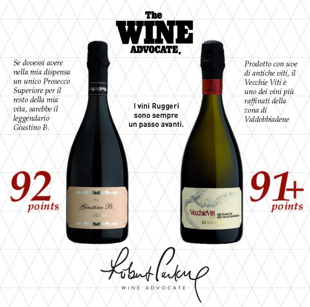 Puntuaciones The Wine Advocate: Giustino B. (92pt) y Vecchie Viti (91+pt) de Ruggeri. Extraida de www.ruggeri.it 