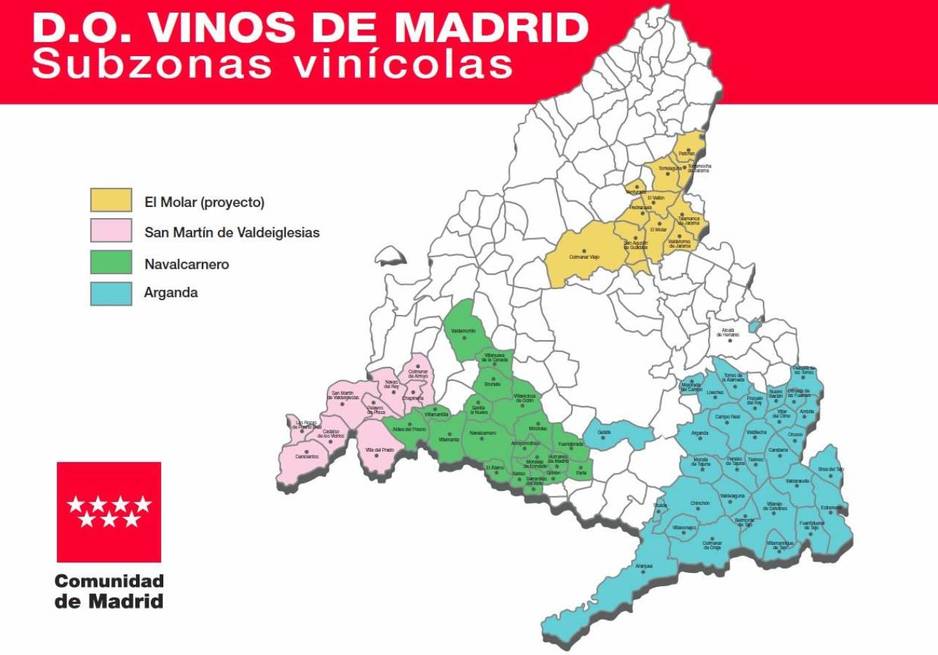 Mapa de la D.O. Vinos de Madrid con las 4 subzonas: Arganda del Rey, Navalcarnero, San Martín de Valdeiglesias y El Molar. Copyright: Comunidad de Madrid